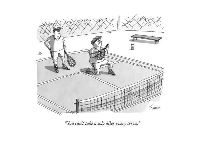 Air Guitar Greeting Card featuring the drawing On A Tennis Court by Zachary Kanin