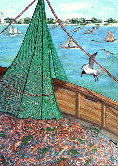 Shrimp Greeting Card featuring the painting On Deck by JoAnn Wheeler