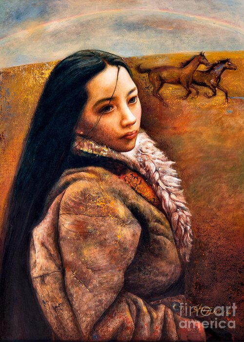 Girl Greeting Card featuring the painting On the High Plateau by Shijun Munns
