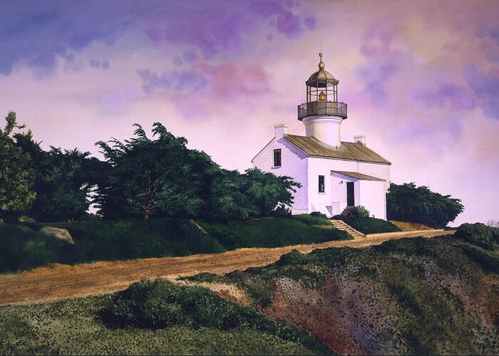 Lighthouse Greeting Card featuring the painting On the Point by Tom Wooldridge