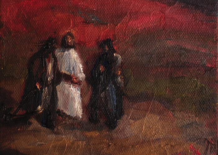 Jesus Greeting Card featuring the painting On the Road to Emmaus by Carole Foret