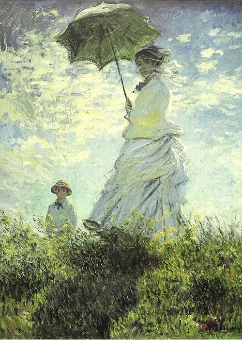 Monet Greeting Card featuring the painting On the Rock Cliff - Madame Monet and her Son Jean by Claude Monet