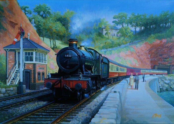 Train Greeting Card featuring the painting On the sea wall. by Mike Jeffries