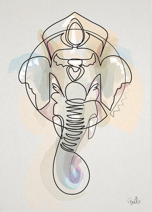 Ganesh Greeting Card featuring the digital art One line Ganesh by Quibe Sarl