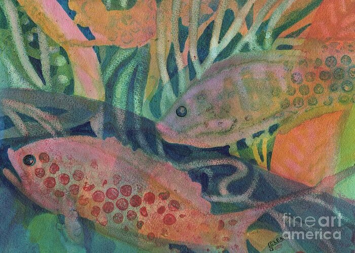 Underwater Greeting Card featuring the painting One Two Pink Blue by Joan Clear
