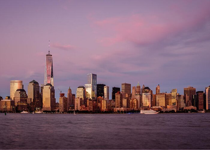 1wtc Greeting Card featuring the photograph One WTC Lower Manhattan and the Harvest Moon by SAURAVphoto Online Store