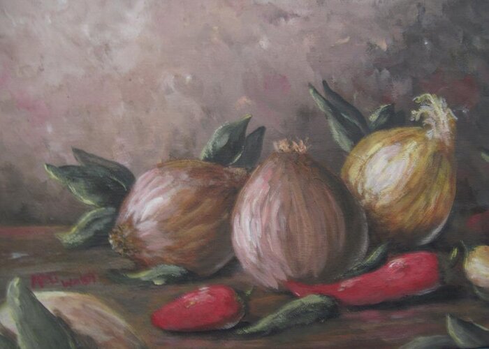 Vegetables Greeting Card featuring the painting Onions and peppers by Megan Walsh