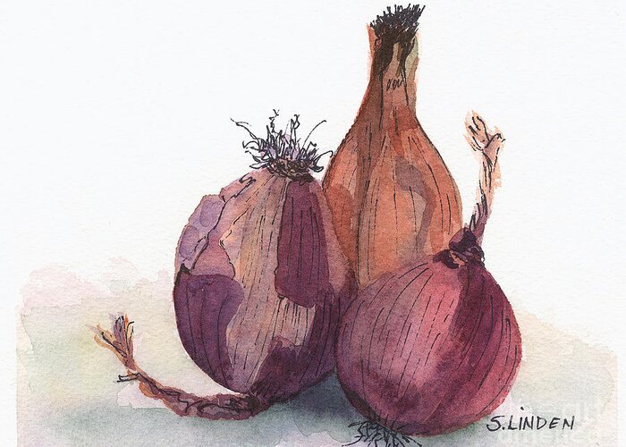 Vegetable Greeting Card featuring the painting Onions by Sandy Linden