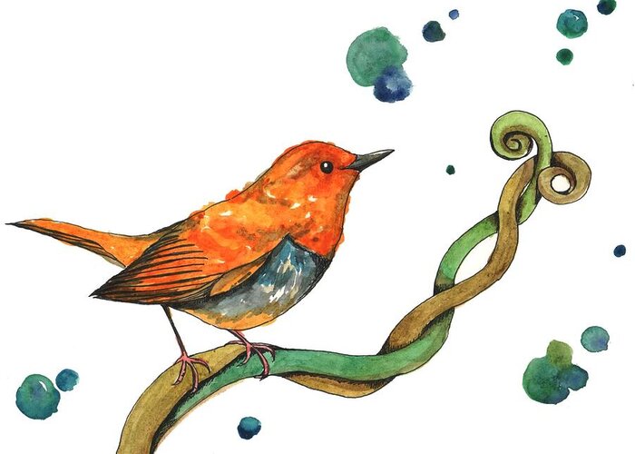 Watercolor Painting Greeting Card featuring the digital art Orange Bird by Kana hata