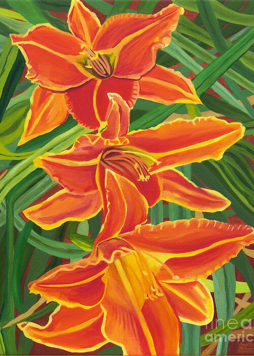 Orange Lilies Greeting Card featuring the painting Orange Lilies by Annette M Stevenson
