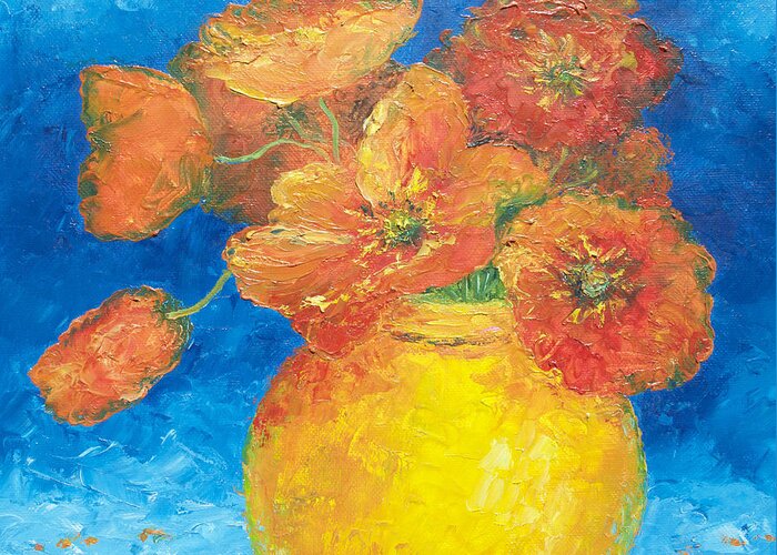 Poppies Greeting Card featuring the painting Orange Poppies in yellow vase by Jan Matson