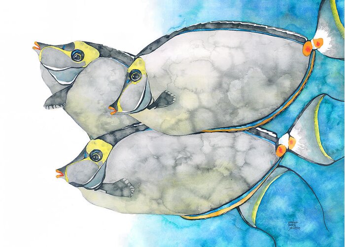 Unicornfish Greeting Card featuring the painting Orangespine Unicornfish by Pauline Walsh Jacobson