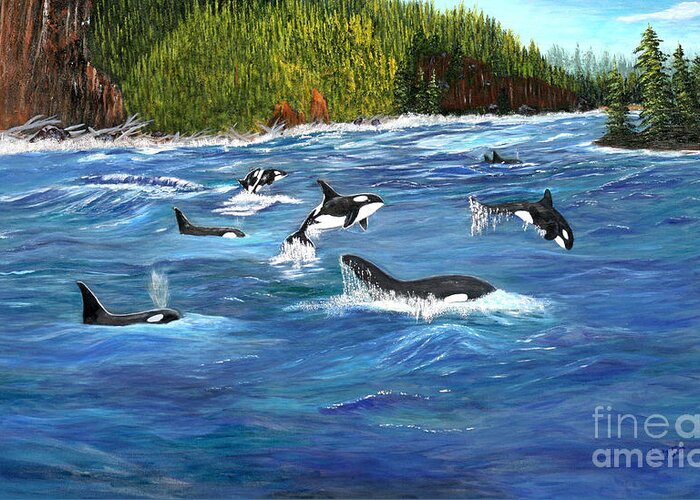 Sea Greeting Card featuring the painting Orcas by Myrna Walsh