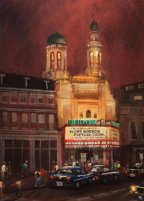 City At Night Greeting Card featuring the painting Oriental Theater Milwaukee by Tom Shropshire