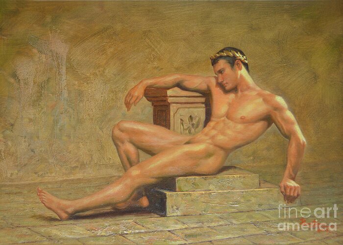 Original. Oil Painting Greeting Card featuring the painting Original Classic Oil Painting Gay Man Body Art Male Nude -023 by Hongtao Huang