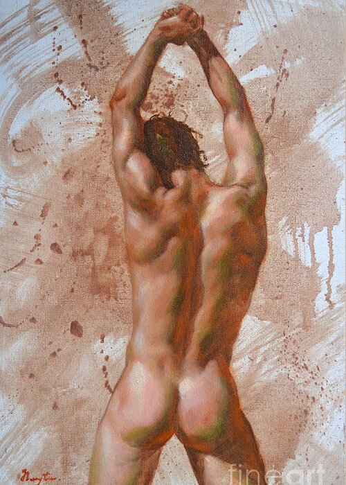 Male Nude Greeting Card featuring the painting Original Oil Painting Gay Man Body Art-male Nude-017 by Hongtao Huang