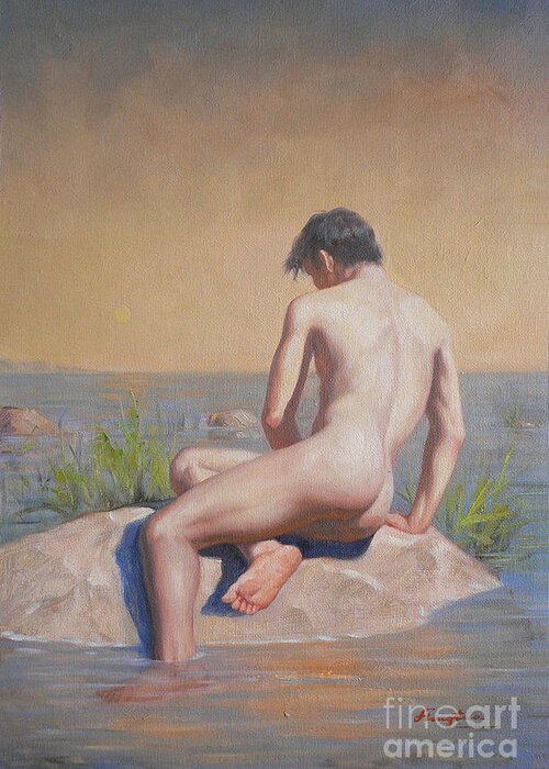 Original. Oil Painting Greeting Card featuring the painting Original Young Man Body Oil Painting Gay Art Male Nude#16-2-3-04 by Hongtao Huang