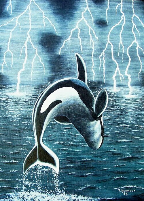 Killer Whales Greeting Card featuring the painting Orka   Killer Whale by Thomas F Kennedy