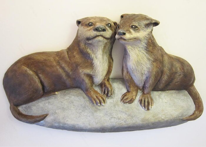 Otters Greeting Card featuring the sculpture Otters-SOLD by Janet Knocke