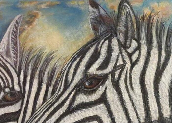 Nature Scene Zebra Paintings Two Zebras With Broad Black And White Stripes Nuzzling Each Other Around The Neck Side View And Warm Romantic Expression In Eyes With Sunrise In Background Animal Paintings Perfect Sentiment For Romantic Or Wedding Cards Or Decor Acrylic Paintings Greeting Card featuring the painting Our Eyes are the Windows to Our Souls by Kimberlee Baxter