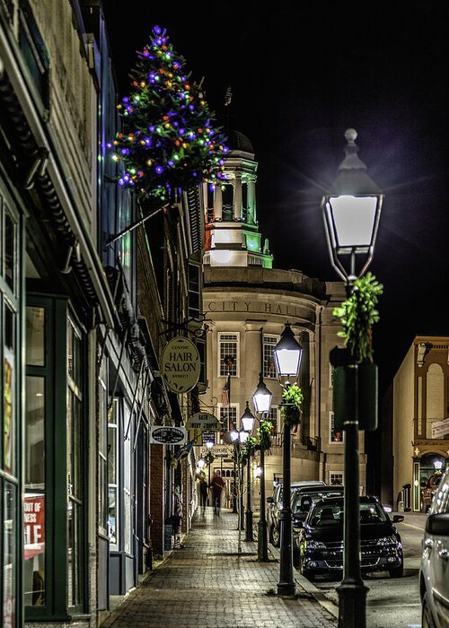 Bath Maine Center Main Street City Hall Christmas Holiday Greeting Card featuring the photograph Out for a stroll by David Hufstader