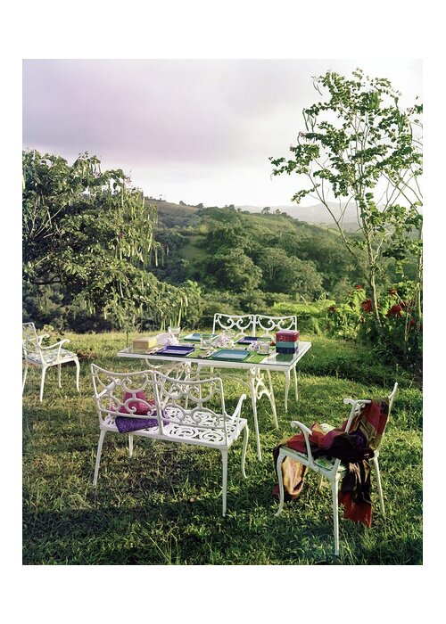 Outdoor Livingtravelnobodyoutdoorsdaytimeoutdoor Furnituredeck Chairchairfurnituretabletreegrasstable Settingleisuresummerseasonsmetallloydhilllandscapeskyblanketoutdoor Diningel Barranquitas Hotelsan Juanpuerto Ricoatlantic Islandscaribbeanlatin Americagreater Antilles #condenasthouse&gardenphotograph April 1st 1963 Greeting Card featuring the photograph Outdoor Furniture By Lloyd On Grassy Hillside by Tom Leonard