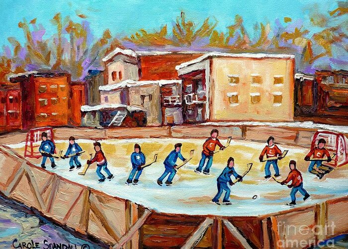 Hockey Greeting Card featuring the painting Outdoor Hockey Fun Rink Hockey Game In The City Montreal Memories Paintings Carole Spandau by Carole Spandau