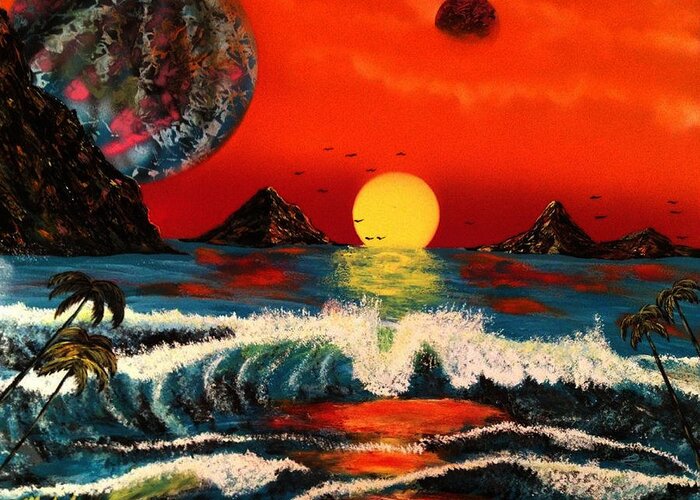 Planets Greeting Card featuring the painting Outer Worlds by Michael Rucker