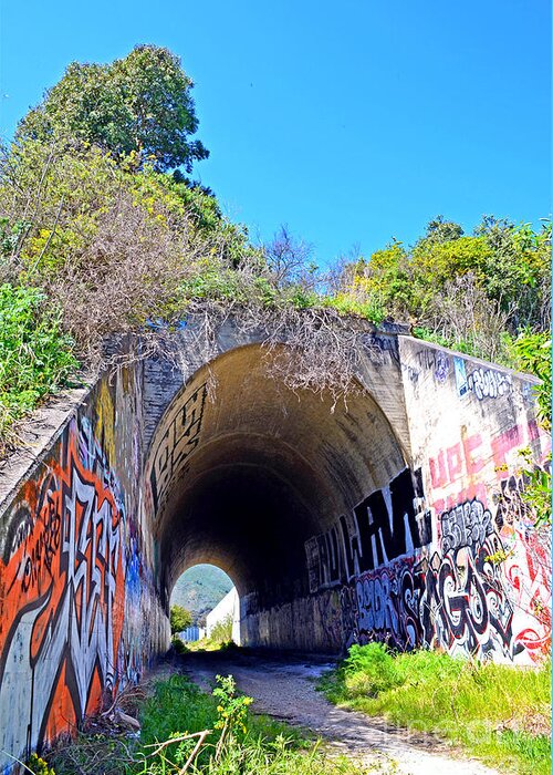 Destroyed Greeting Card featuring the photograph Outside the Abandoned Train Tunnel South of the Old Train Roundhouse at Bayshore near SF II by Jim Fitzpatrick