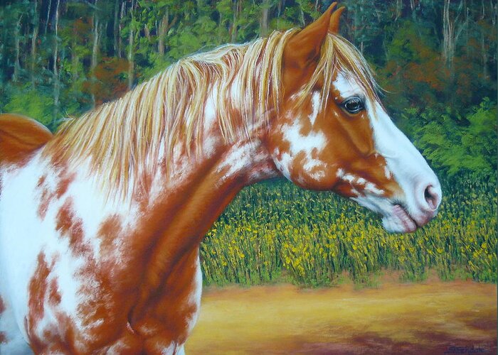 Horse Greeting Card featuring the mixed media Overo Paint Horse-Colorful Warrior by Margaret Stockdale