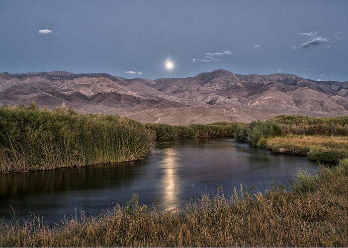 River Water Reflection Moon Mountains Grass Green Blue California eastern Sierra Nature Scenic Landscape Night Sky Clear Greeting Card featuring the photograph Owens River Moonrise by Cat Connor