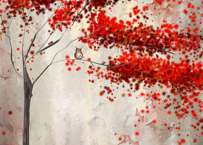 Gray And Red Art Greeting Card featuring the painting Owl In Autumn by Lourry Legarde