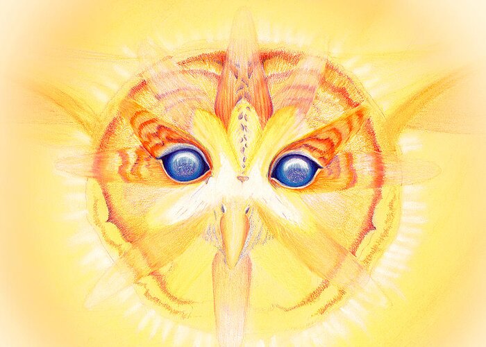 Owl Greeting Card featuring the drawing Owl Looking Into the Divine Reflection by Robin Aisha Landsong