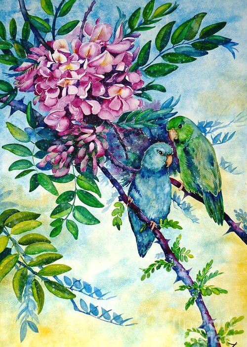 Pacific Parrotlets Greeting Card featuring the painting Pacific Parrotlets by Zaira Dzhaubaeva