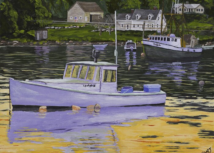 Lobster Greeting Card featuring the painting Fishing Boats in Port Clyde Maine by Keith Webber Jr