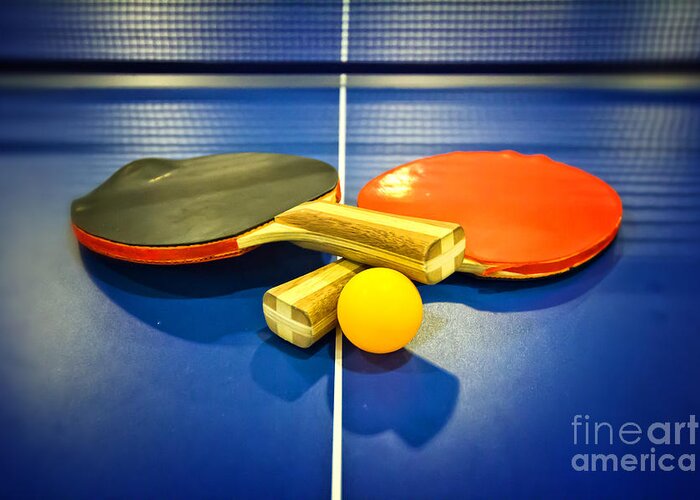 Ping-pong Greeting Card featuring the photograph Pair of Ping-pong Bats Table Tennis Paddles Rackets on Blue by Beverly Claire Kaiya