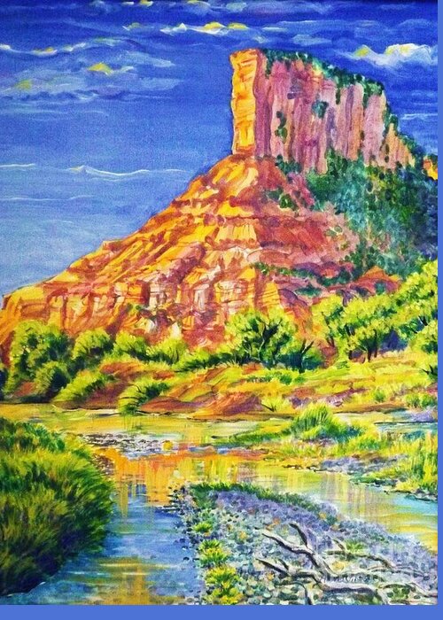  Acrylic Painting 18 By 28 In Barnwood Frame Of Iconic Sandstone Palisade Above The Dolores River In The Fall. Greeting Card featuring the painting Palisiade at Gateway Colorado by Annie Gibbons