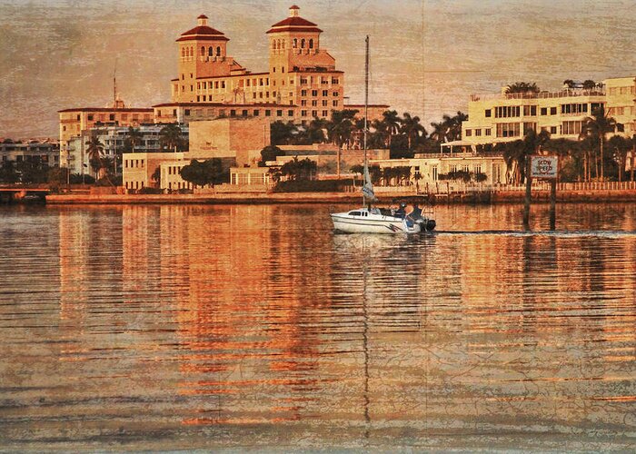 Boats Greeting Card featuring the photograph Palm Beach at Golden Hour by Debra and Dave Vanderlaan