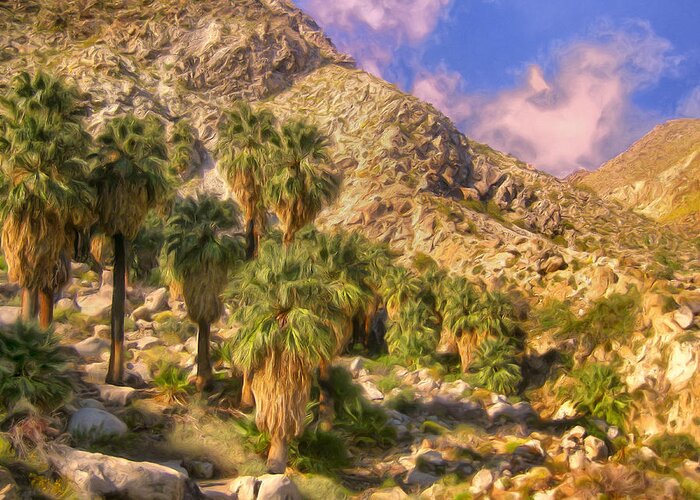 Palm Oasis Greeting Card featuring the painting Palm Oasis in Late Afternoon by Dominic Piperata
