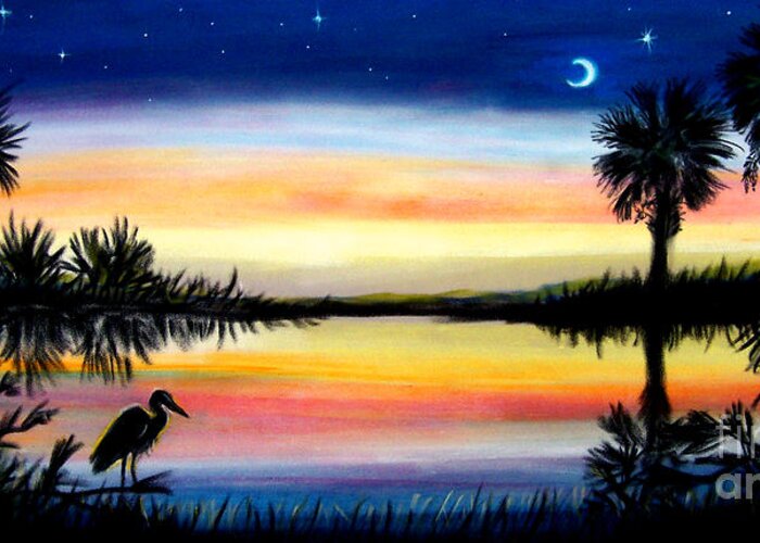 Palmetto Tree Greeting Card featuring the painting Palmetto Tree Moon And Stars Low Country Sunset iii by Pat Davidson