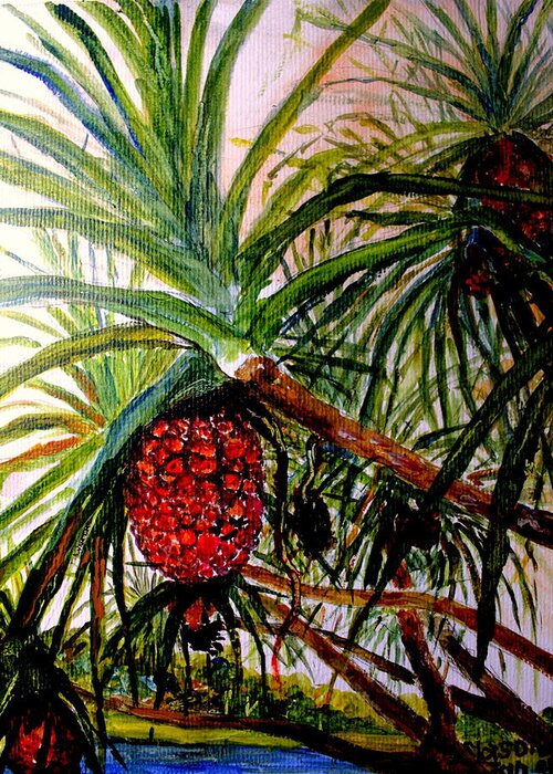 Red Fruit Greeting Card featuring the painting Pandanus Palm Fruit by Jason Sentuf