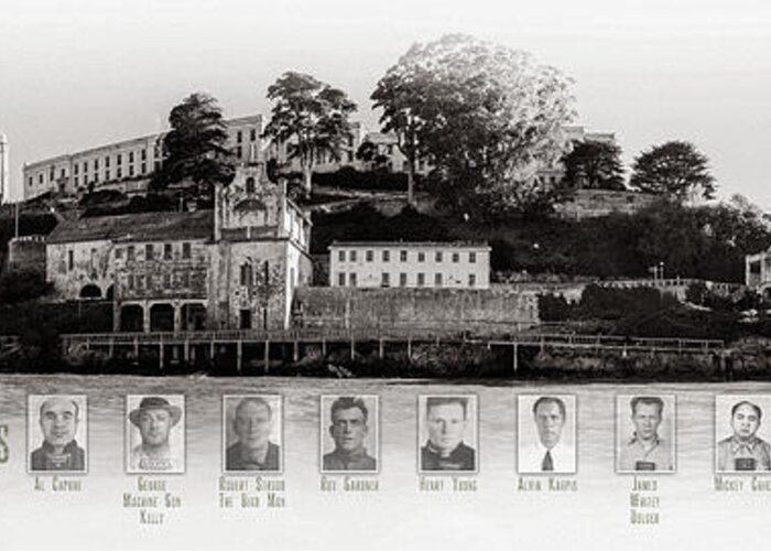 Alcatraz Greeting Card featuring the photograph Panorama Alcatraz Infamous Inmates Black and White by Scott Campbell