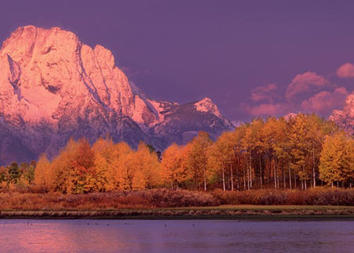 America Greeting Card featuring the photograph Panorama Dawn Lights Up Mount Moran in Grand Tetons National Park by Dave Welling