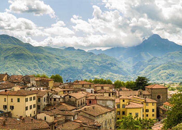 Barga Greeting Card featuring the photograph Panoramic view from Barga in Italy of the appeninies by Peter Noyce
