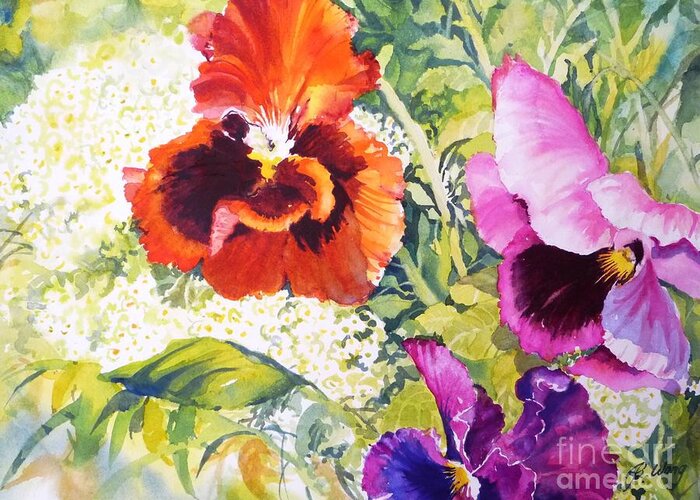 Pansies Greeting Card featuring the painting Pansies Delight #2 by Betty M M Wong