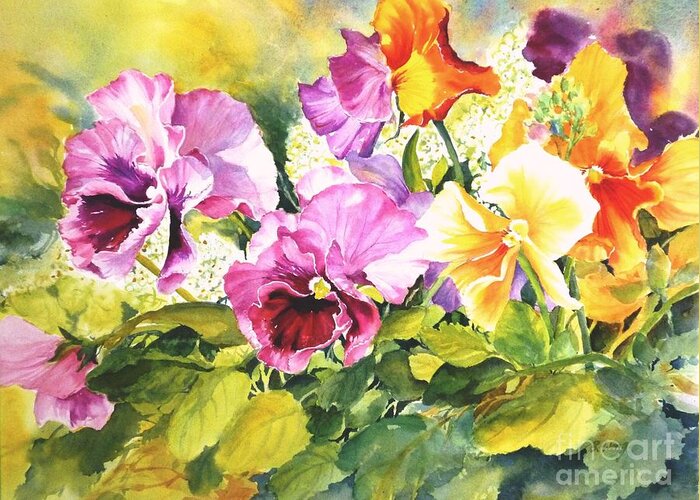Pansies Greeting Card featuring the painting Pansies Delight #3 by Betty M M Wong