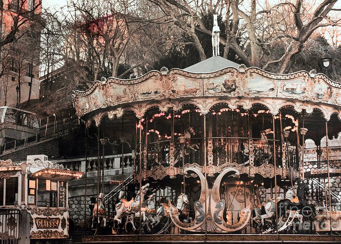 Paris Sepia Carousel Greeting Card featuring the photograph Paris Carousel Merry Go Round Sepia - Paris Carousel Montmartre District Sacre Coeur by Kathy Fornal