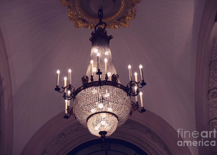 French Chandeliers Greeting Card featuring the photograph Paris Crystal Chandelier Lavender Mauve Sparkling Chandelier Art Deco - Paris Crystal Chandeliers by Kathy Fornal