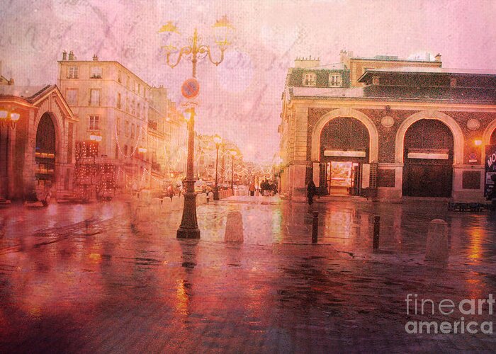 Versailles Rainy Night Greeting Card featuring the photograph Versailles France Surreal Rainy Night Street Scene - French Script Textured Print by Kathy Fornal