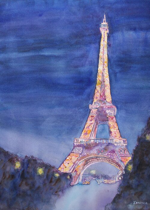 Paris Giant Watercolor Eiffel Tower Night Lighted Blue Gold Yellow Drama Dramatic Time Evening Wet Rain Rainy Dark France Greeting Card featuring the painting Paris Giant by Jenny Armitage